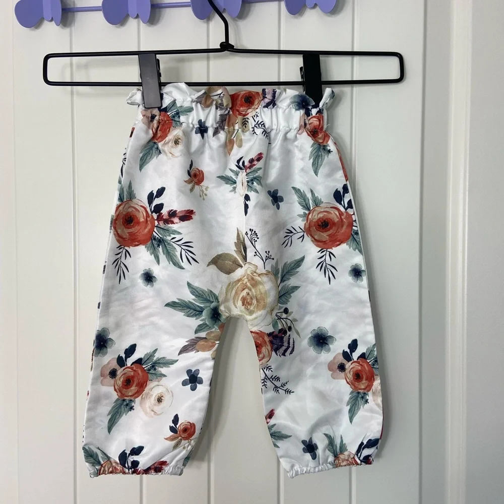 NWOT baby girl’s white floral green ribbon elastic pull on silk pants bottoms‎